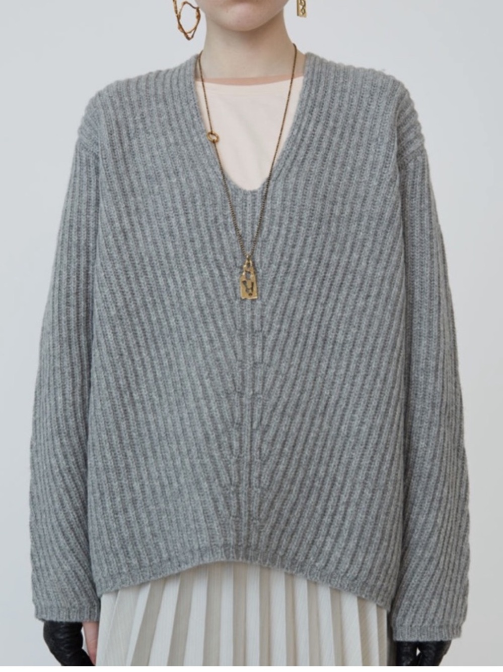 Acne Studios Deborah WooolGray V-Neck Ribbed Knit Sweater for Women